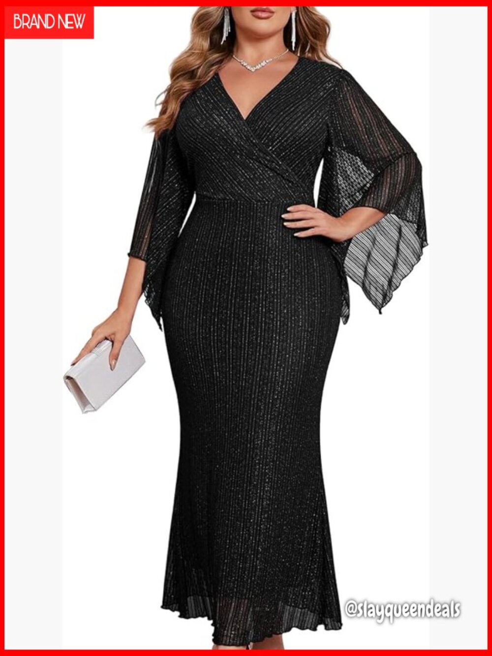 Plus Size Sparkly Formal Dress Lace Maxi V Neck Mermaid Wedding Guest Gown